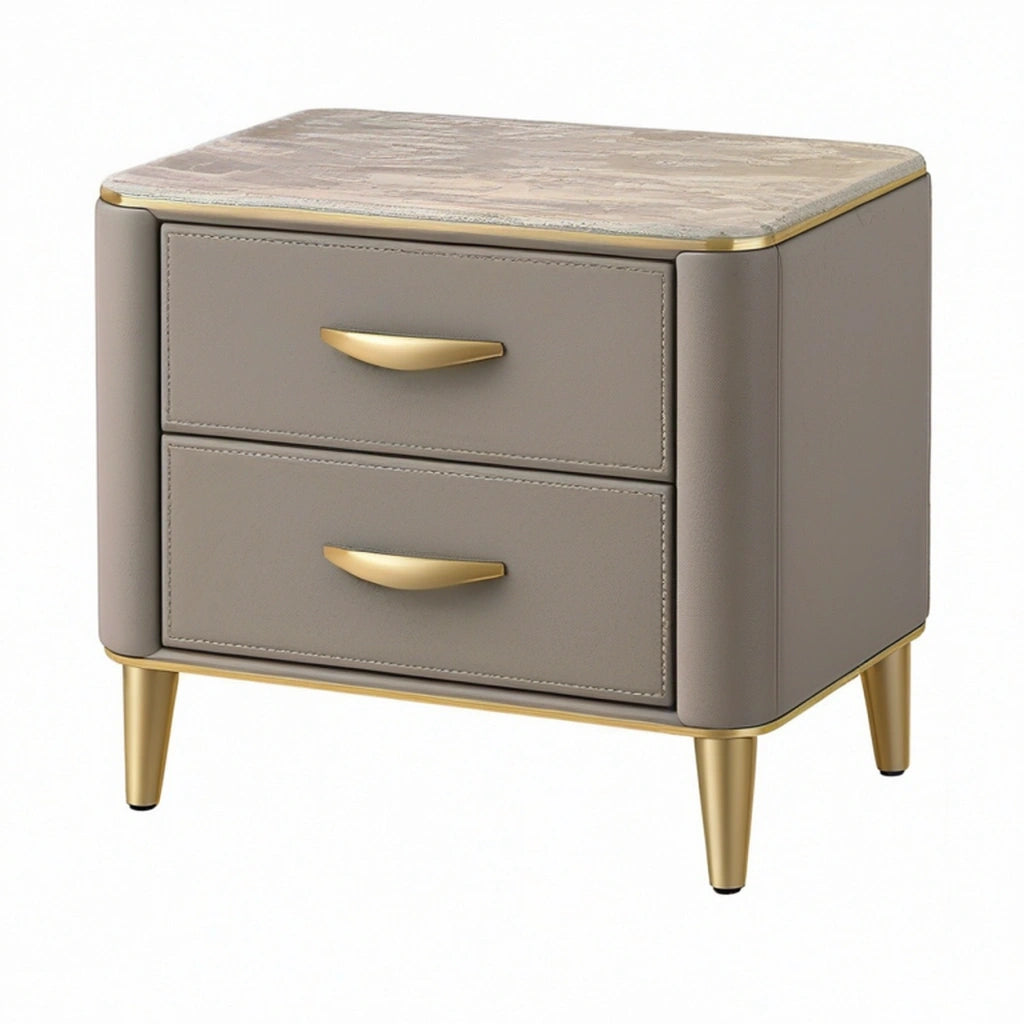 Comodino 55 x 40 x 55 cm in rivestimento effetto pelle tortora con 2 cassetti e piano effetto marmo