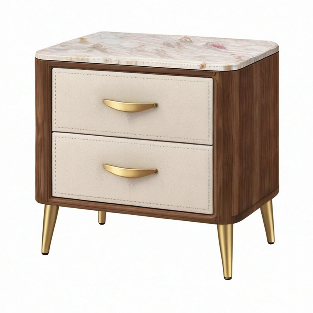 Comodino 60 cm in legno marrone con 2 cassetti rivestiti beige e piano effetto marmo