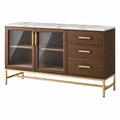 Credenza 150 x 45 x 85 cm in legno marrone con vetro scanalato e piano effetto marmo