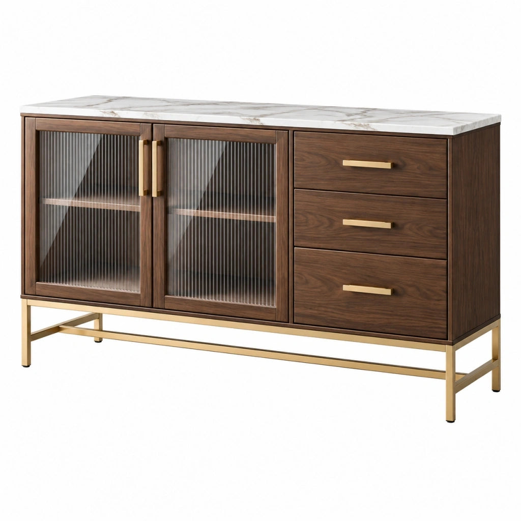 Credenza 150 x 45 x 85 cm in legno marrone con vetro scanalato e piano effetto marmo