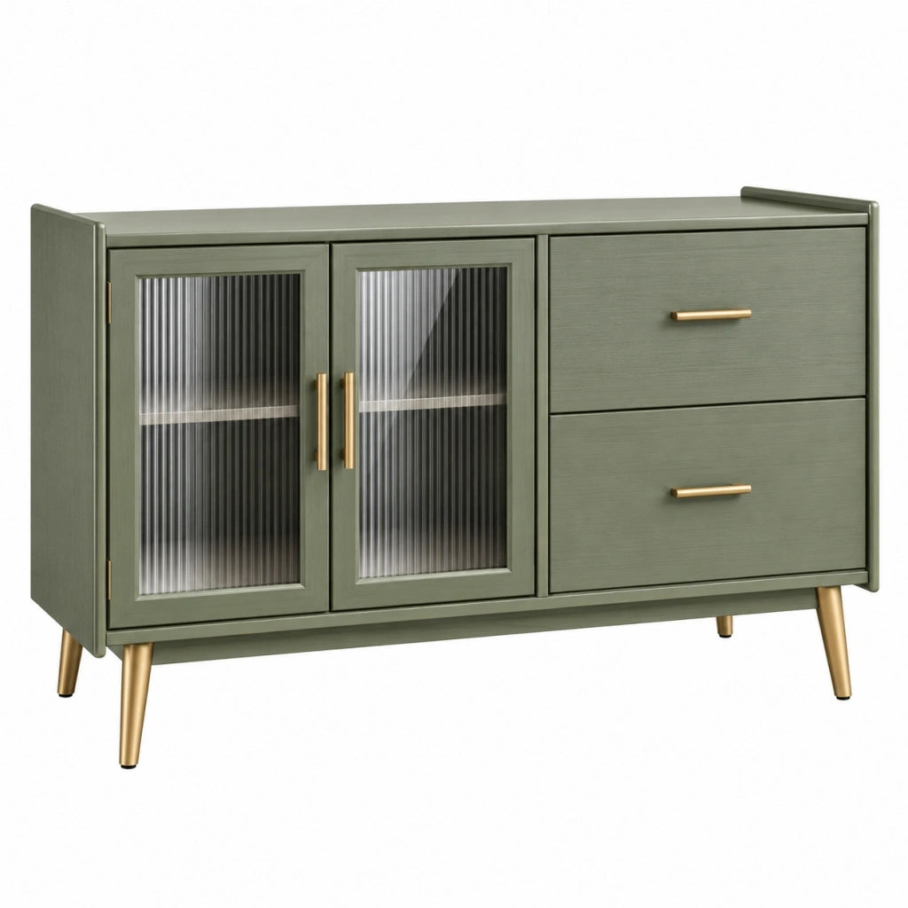 Credenza 140 x 40 x 85 cm in legno verde oliva con vetro scanalato e cassetti stile moderno