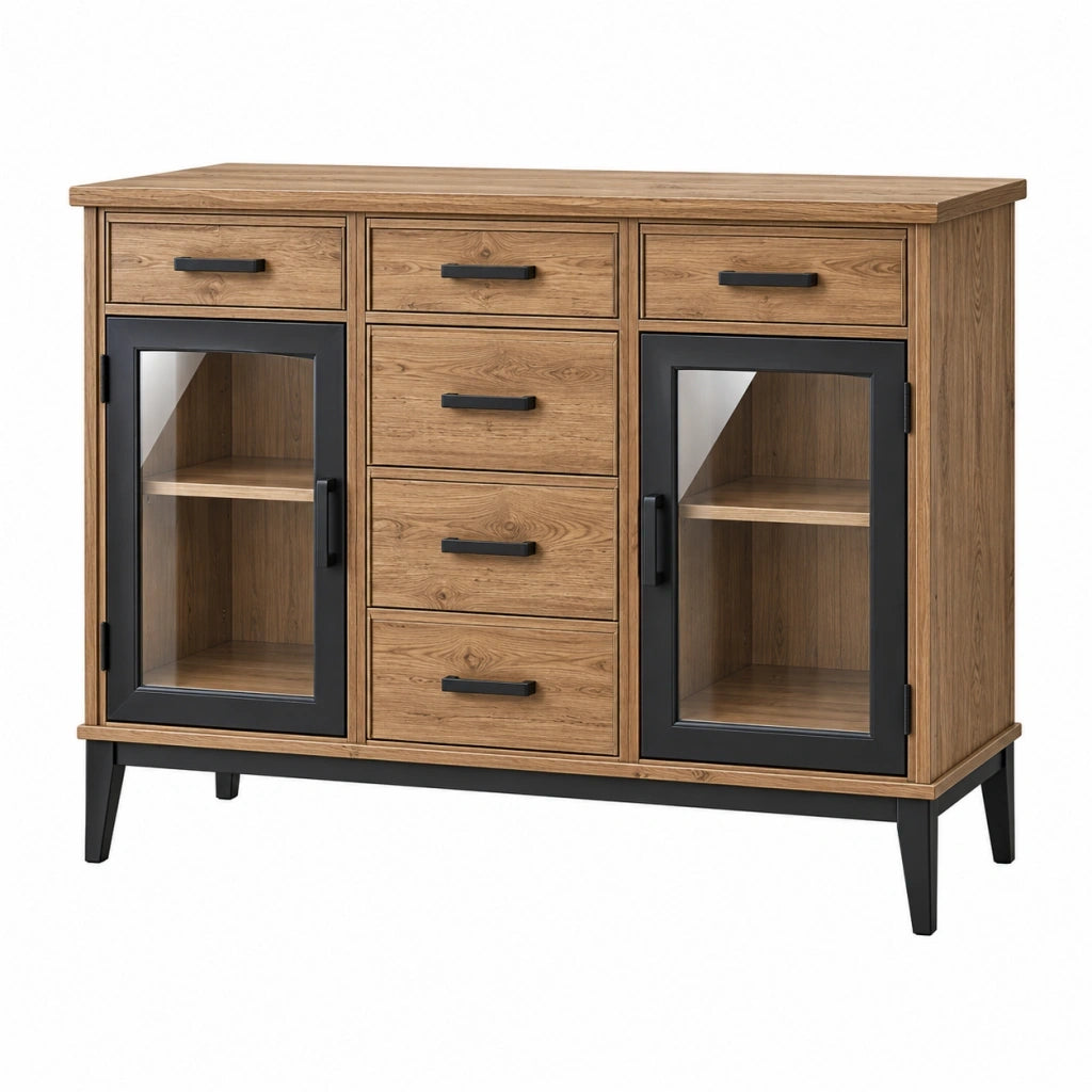 Credenza 140 x 42 x 100 cm effetto rovere con vetro nero - mobile contenitore stile industriale