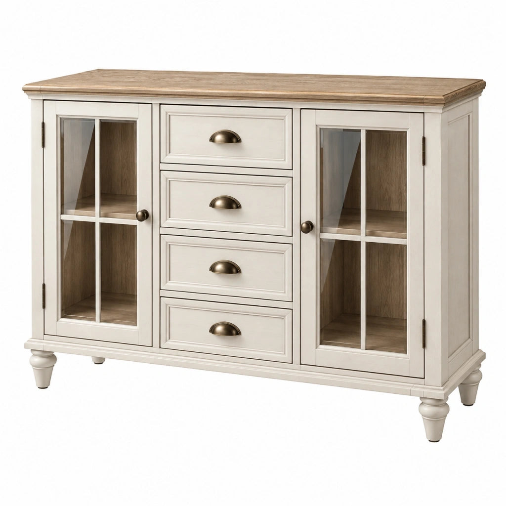 Credenza vetrina 150 x 45 x 100 cm in legno avorio e marrone con ante in vetro stile classico