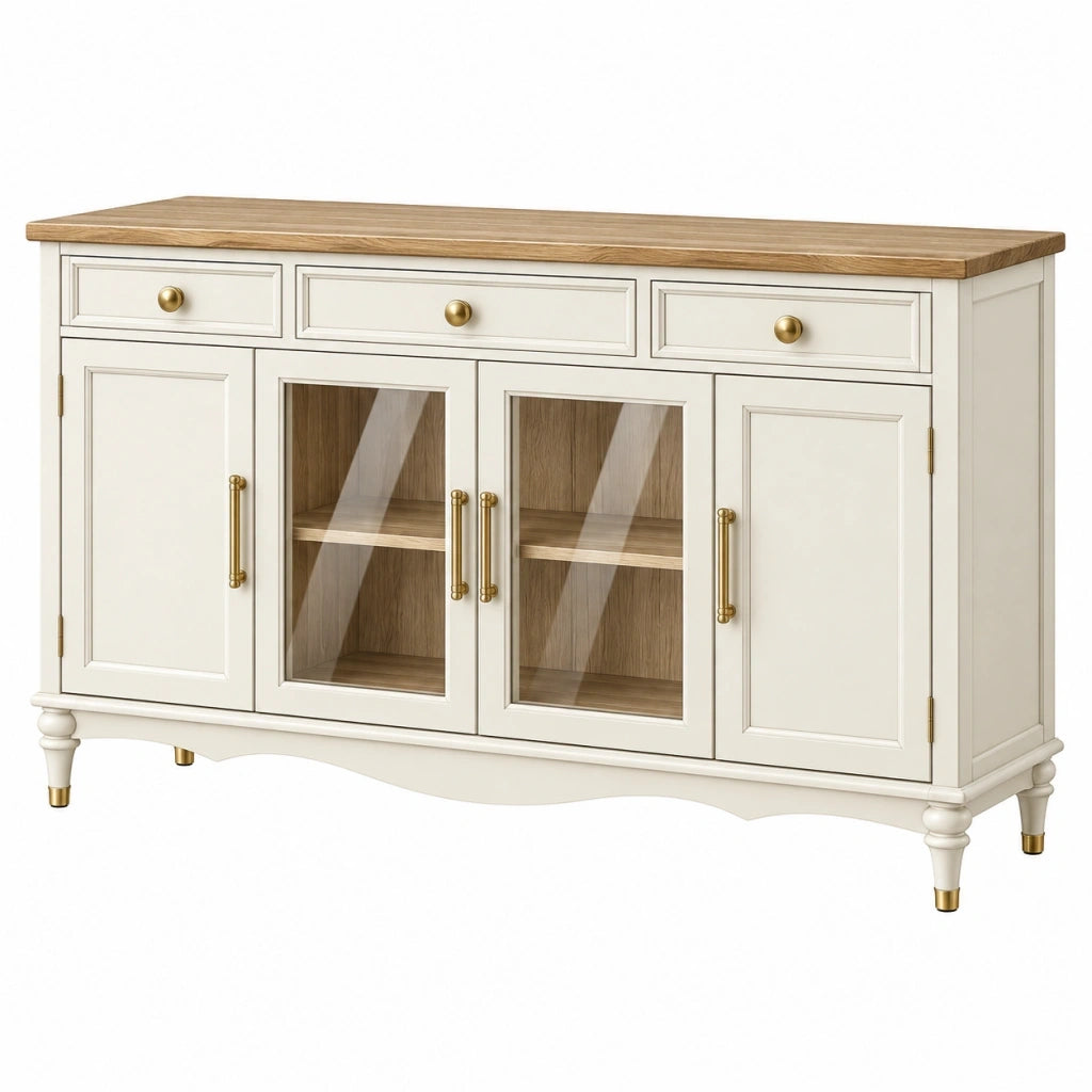 Credenza 160 x 45 x 90 cm in legno bianco e rovere con ante in vetro stile classico
