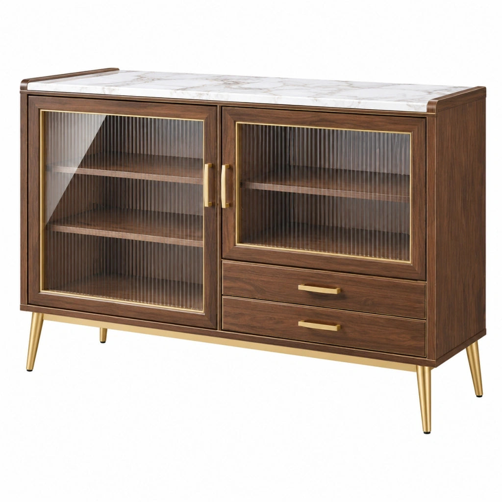 Credenza 150 x 40 x 90 cm in legno marrone con vetro scanalato - stile moderno con cassetti
