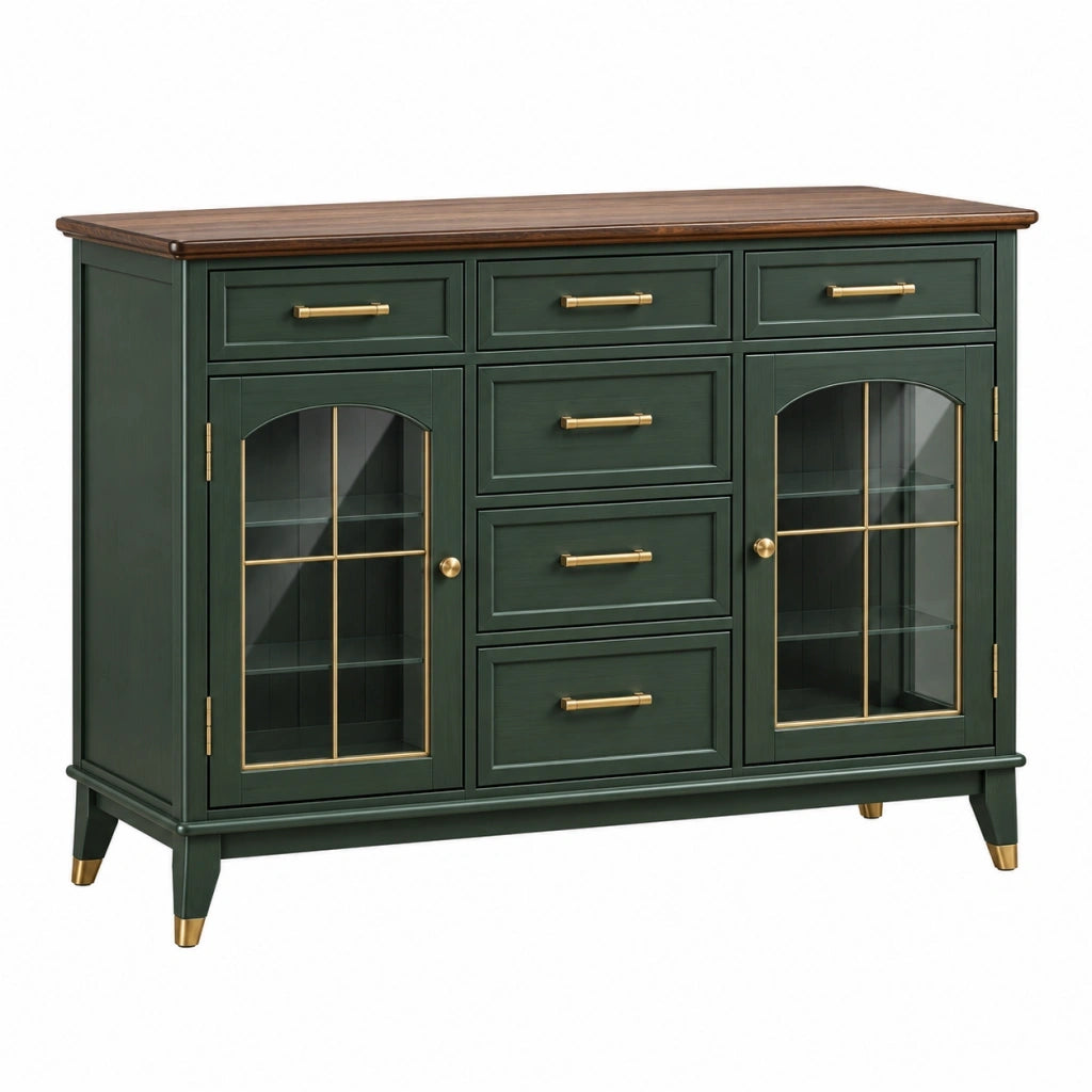 Credenza 140 x 45 x 90 cm in legno verde scuro con vetrine e cassetti stile classico