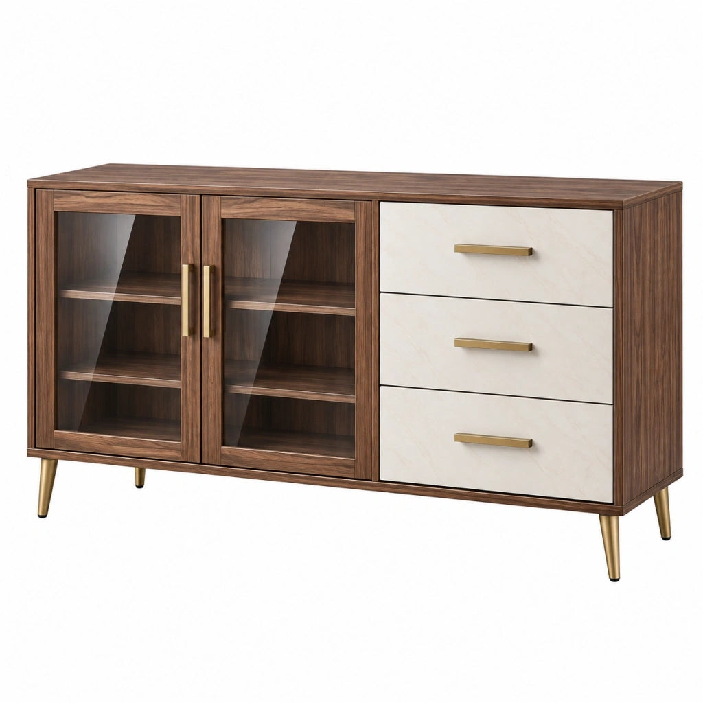 Credenza 160 x 40 x 85 cm in legno ingegnerizzato noce e bianco con vetro stile moderno