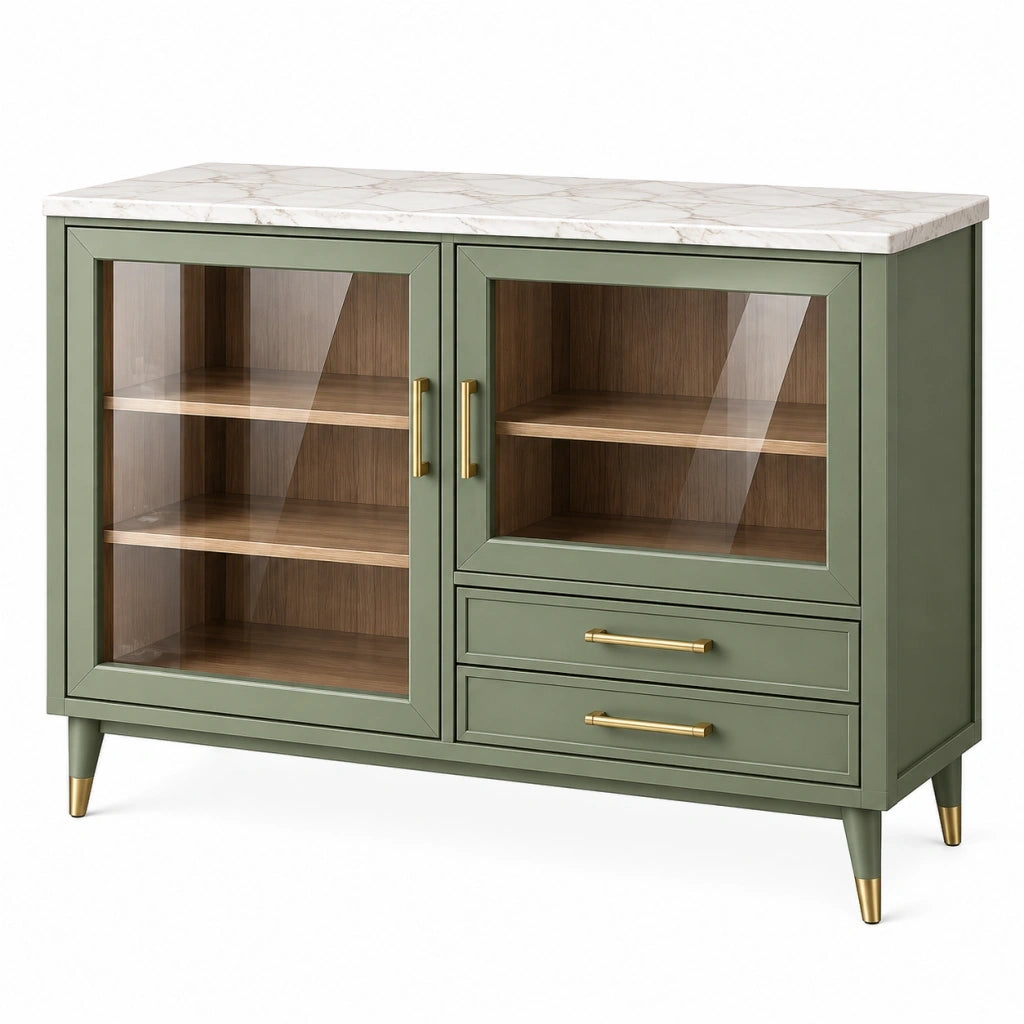 Credenza 120 x 40 x 90 cm verde con ante in vetro e piano effetto marmo stile moderno