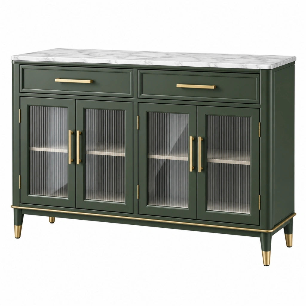 Credenza 160 x 40 x 90 cm verde scuro con piano effetto marmo e ante in vetro stile moderno
