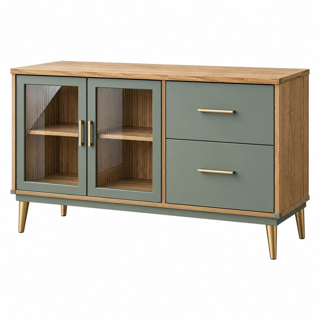 Credenza 120 x 40 x 80 cm effetto legno verde salvia con vetro e 2 cassetti stile moderno