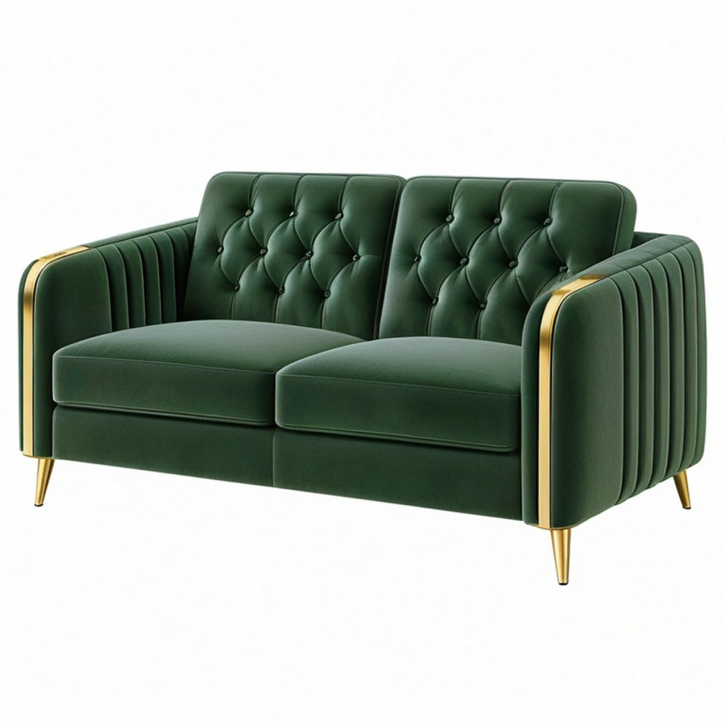 Divano 2 posti 160 cm in tessuto vellutato verde con trapuntatura stile glamour