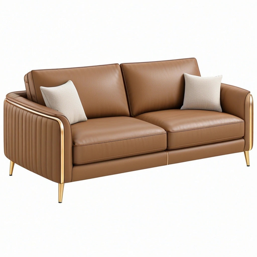 Divano 2 posti 180 cm in pelle sintetica marrone - stile moderno con piedini dorati