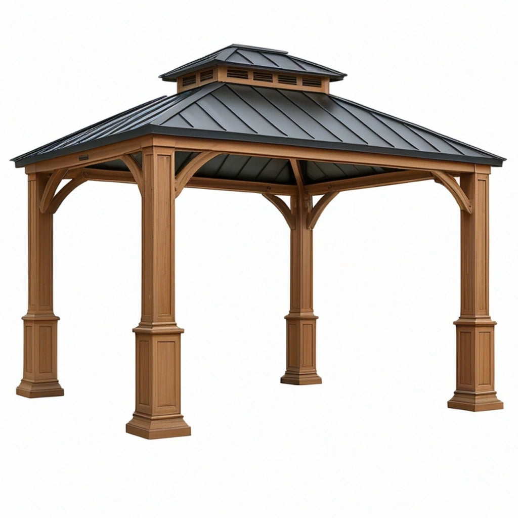 Gazebo da giardino 400 x 400 x 330 cm in legno marrone con tetto in metallo nero - stile classico ventilato