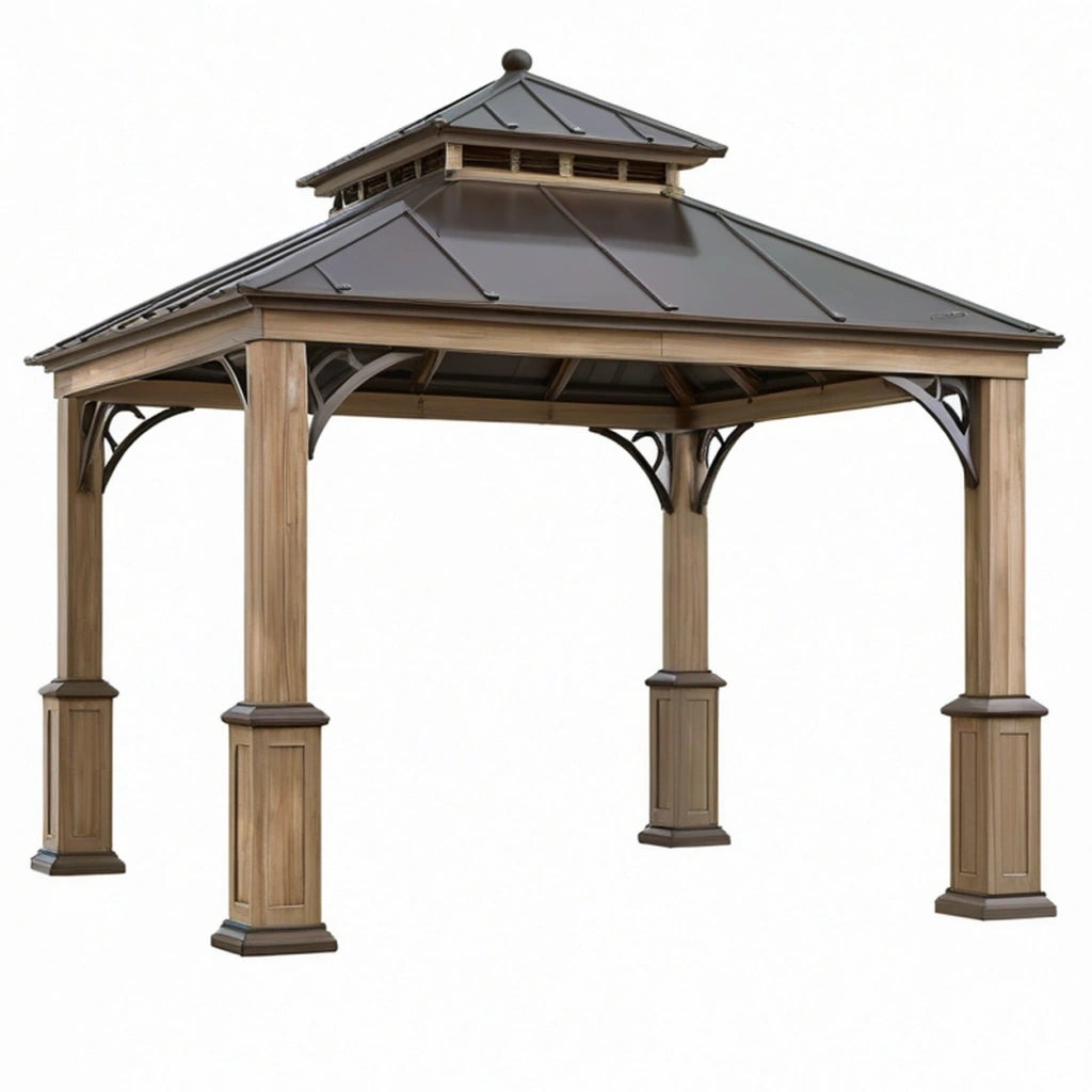 Gazebo 300 x 300 x 320 cm in legno marrone con tetto in metallo per esterno