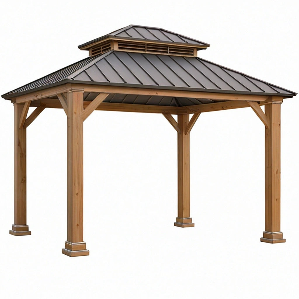 Gazebo da giardino 300 x 300 x 300 cm in legno marrone con tetto in metallo nero