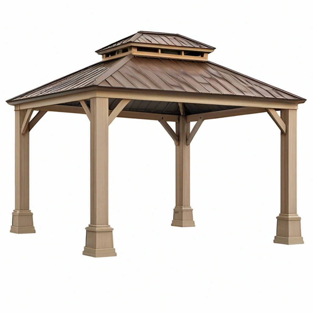 Gazebo da giardino 400 x 400 x 330 cm in legno beige con tetto in metallo marrone - struttura coperta ventilata per esterni