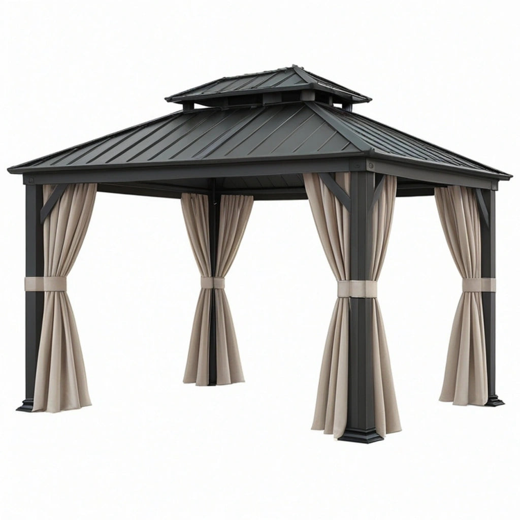 Gazebo da giardino 300 x 300 x 300 cm in metallo nero con tende beige - copertura a padiglione