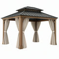 Gazebo da giardino 300 x 300 x 300 cm in legno marrone con tetto in metallo e tende stile classico
