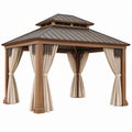 Gazebo da giardino 300 x 300 x 280 cm in legno marrone con tetto in metallo e tende beige