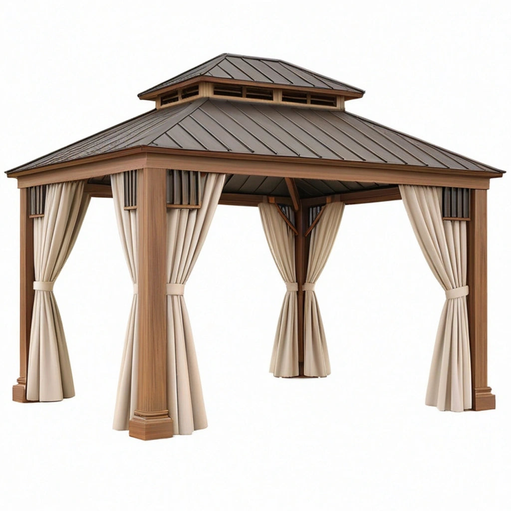 Gazebo da giardino 300 x 300 x 280 cm in legno marrone con tetto in metallo e tende beige