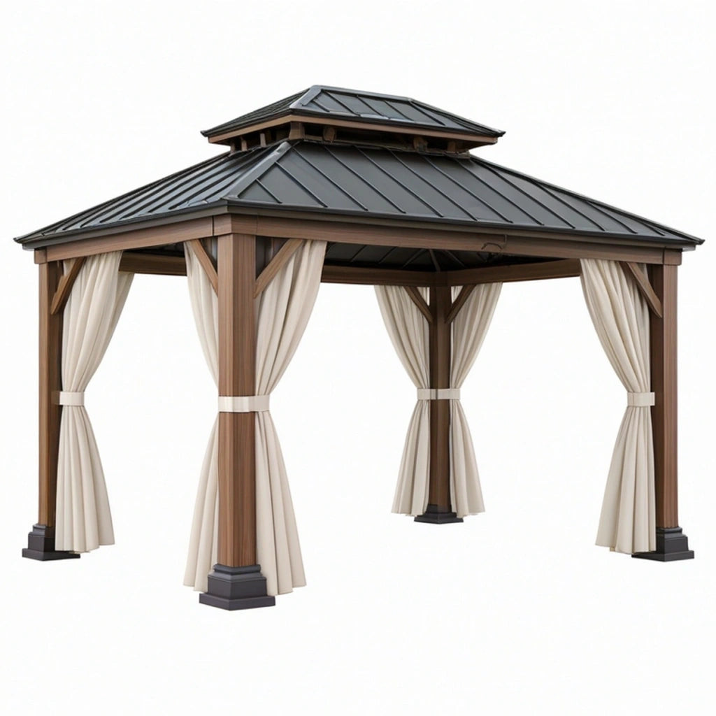 Gazebo da giardino 300 x 300 cm in legno e metallo marrone con tende stile classico