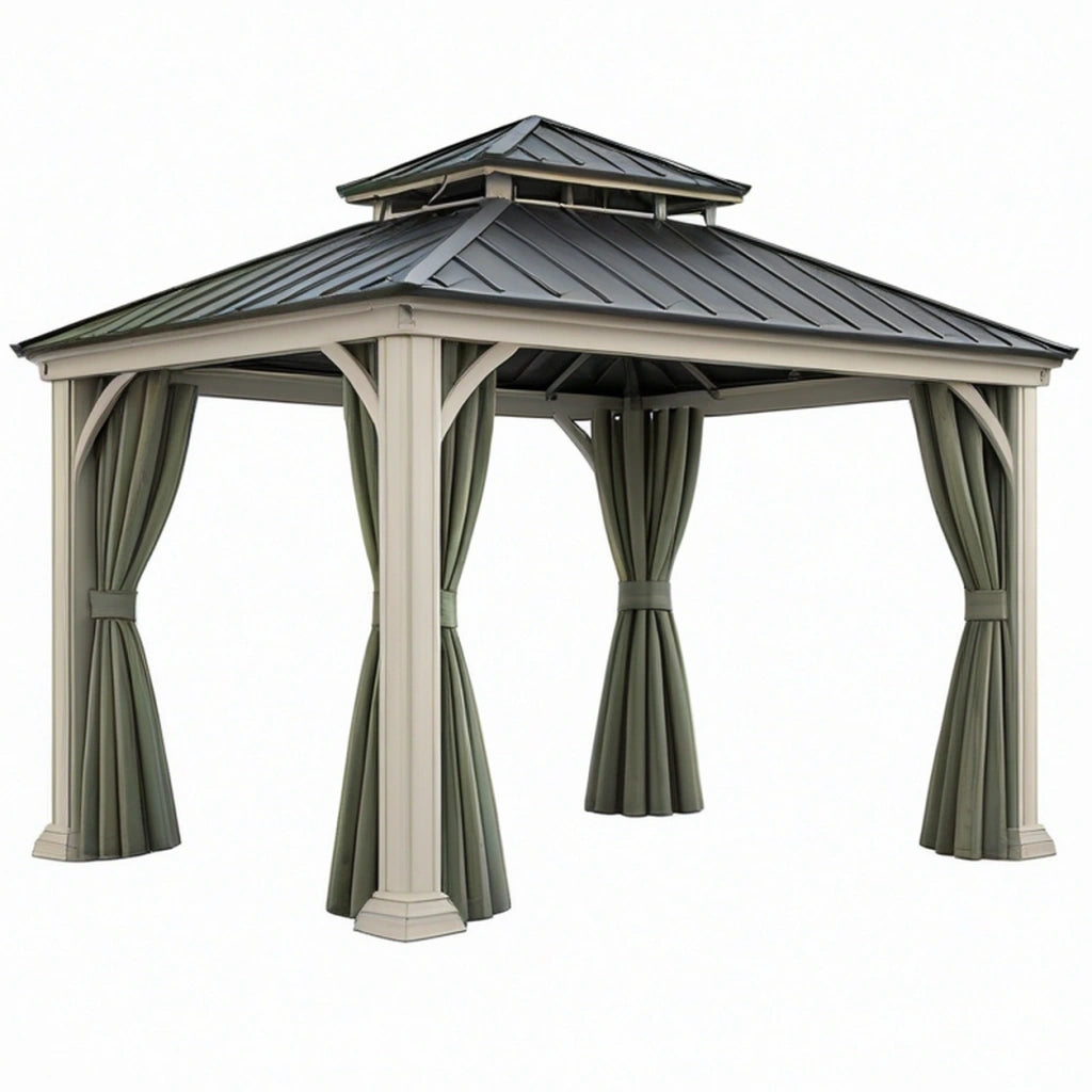 Gazebo da giardino 300 x 300 cm in metallo beige e verde con tende e tetto ventilato