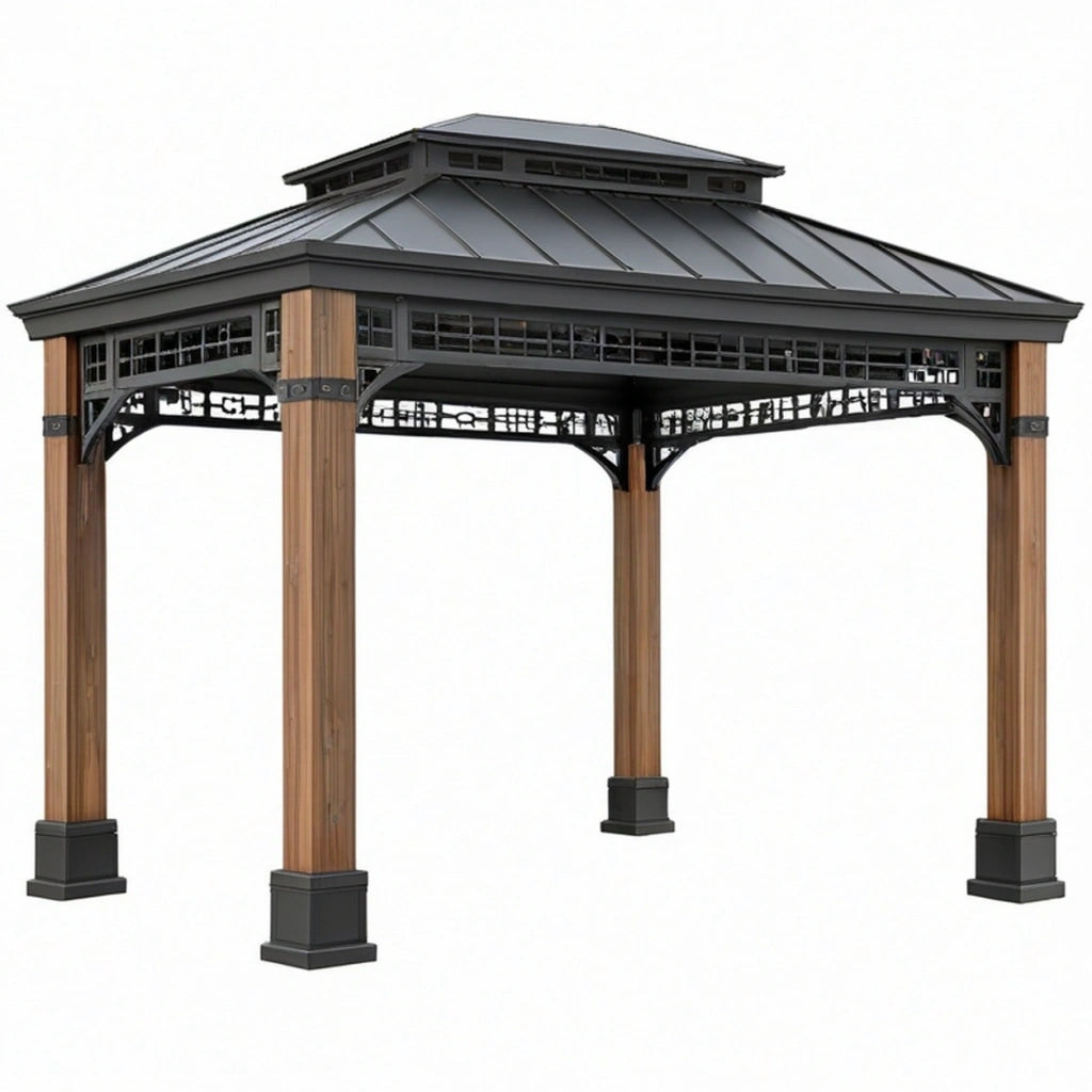 Gazebo da giardino 400 x 400 x 320 cm in legno e metallo marrone nero con tetto ventilato