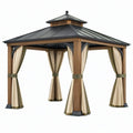 Gazebo da giardino 300 x 300 cm in legno marrone con tetto in metallo e tende