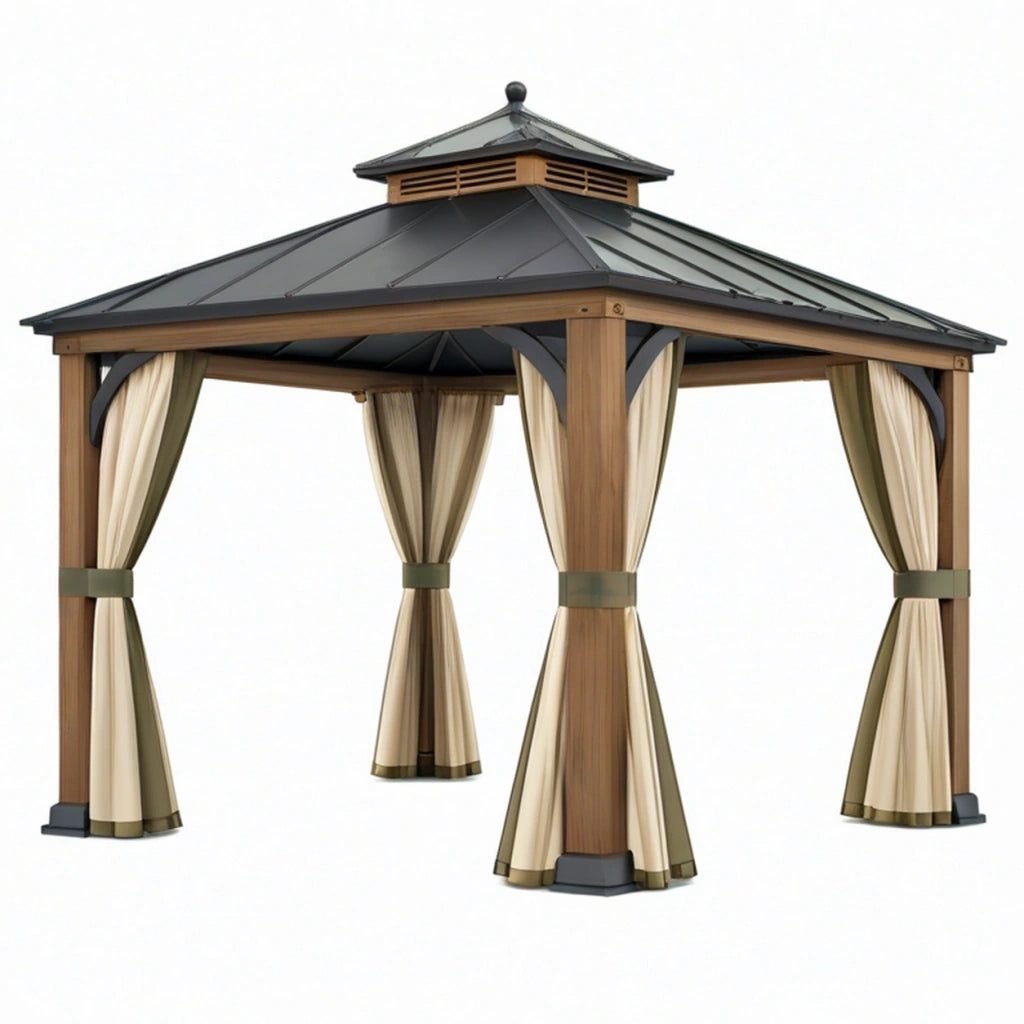 Gazebo da giardino 300 x 300 cm in legno marrone con tetto in metallo e tende