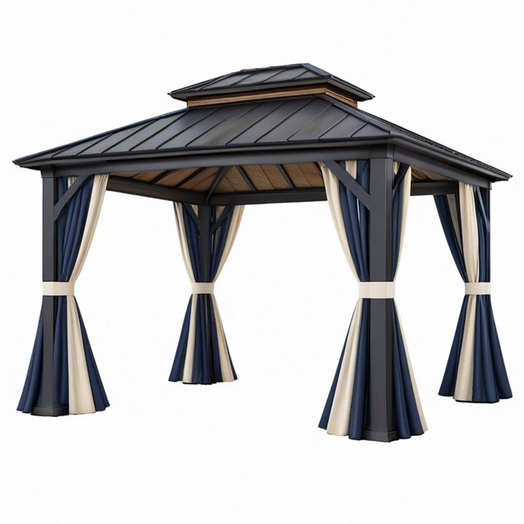 Gazebo da giardino 300 x 300 x 290 cm in acciaio nero con tende blu e beige - copertura rigida stile classico