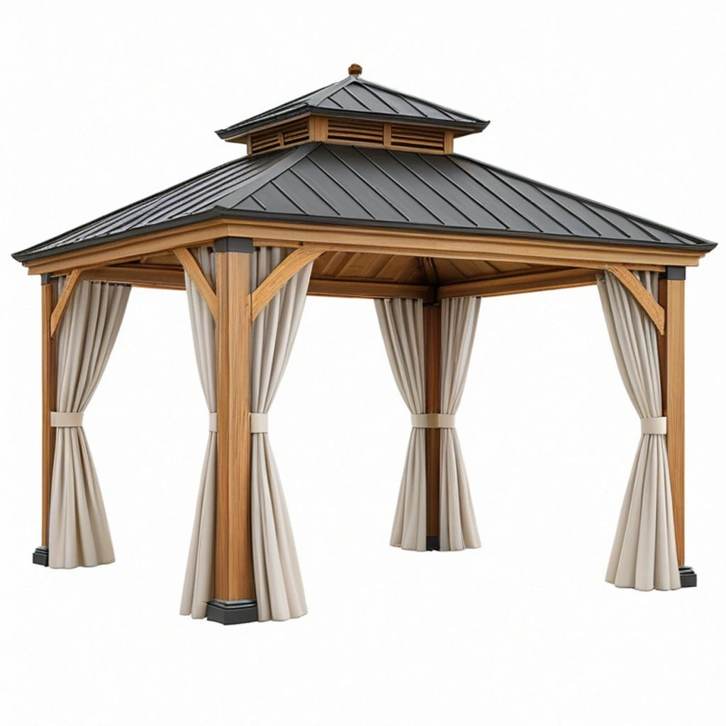 Gazebo da giardino 300 x 300 x 300 cm in legno marrone con tetto in metallo e tende - copertura per esterni