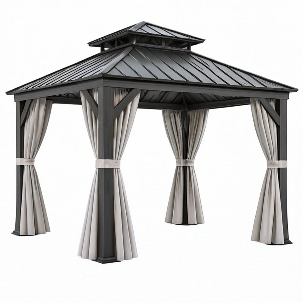 Gazebo da giardino 300 x 300 cm in metallo grigio antracite con tende e tetto ventilato