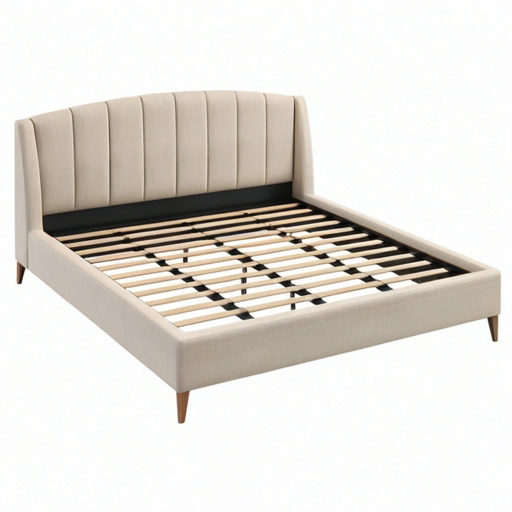 Letto matrimoniale 160 x 200 cm in tessuto beige con testiera imbottita e rete a doghe