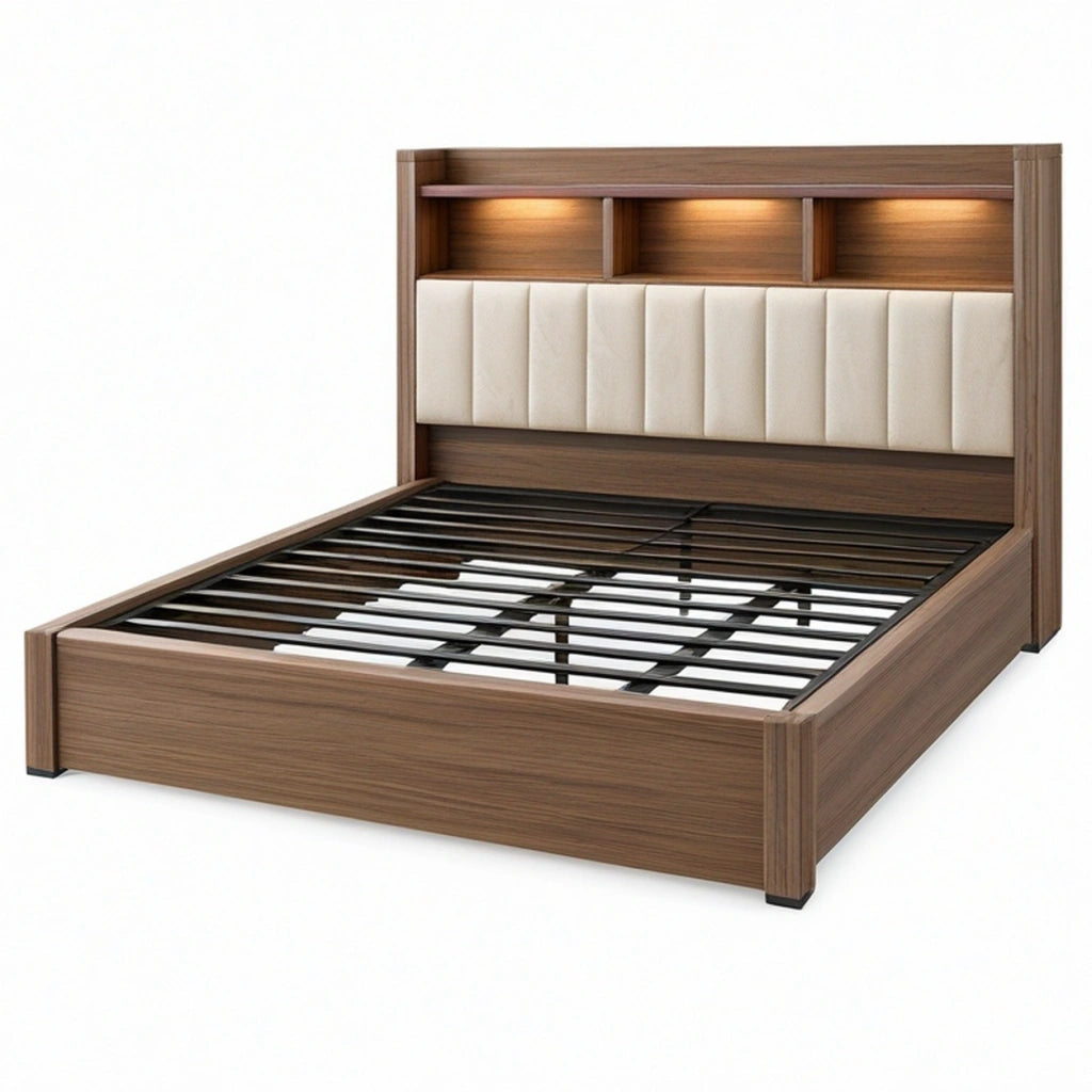 Letto matrimoniale 160 x 200 cm in legno marrone con testiera imbottita e ripiani illuminati
