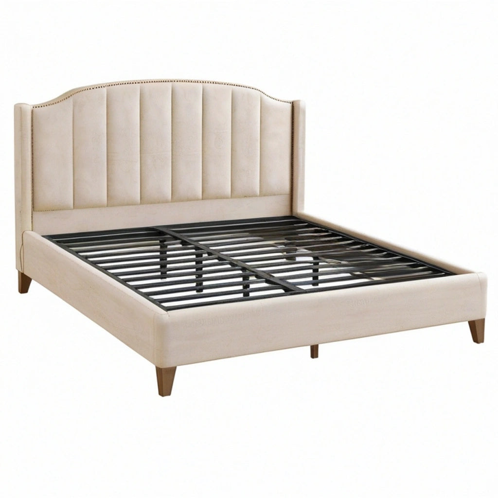 Letto matrimoniale 160 x 200 cm in tessuto beige con rete a doghe stile classico