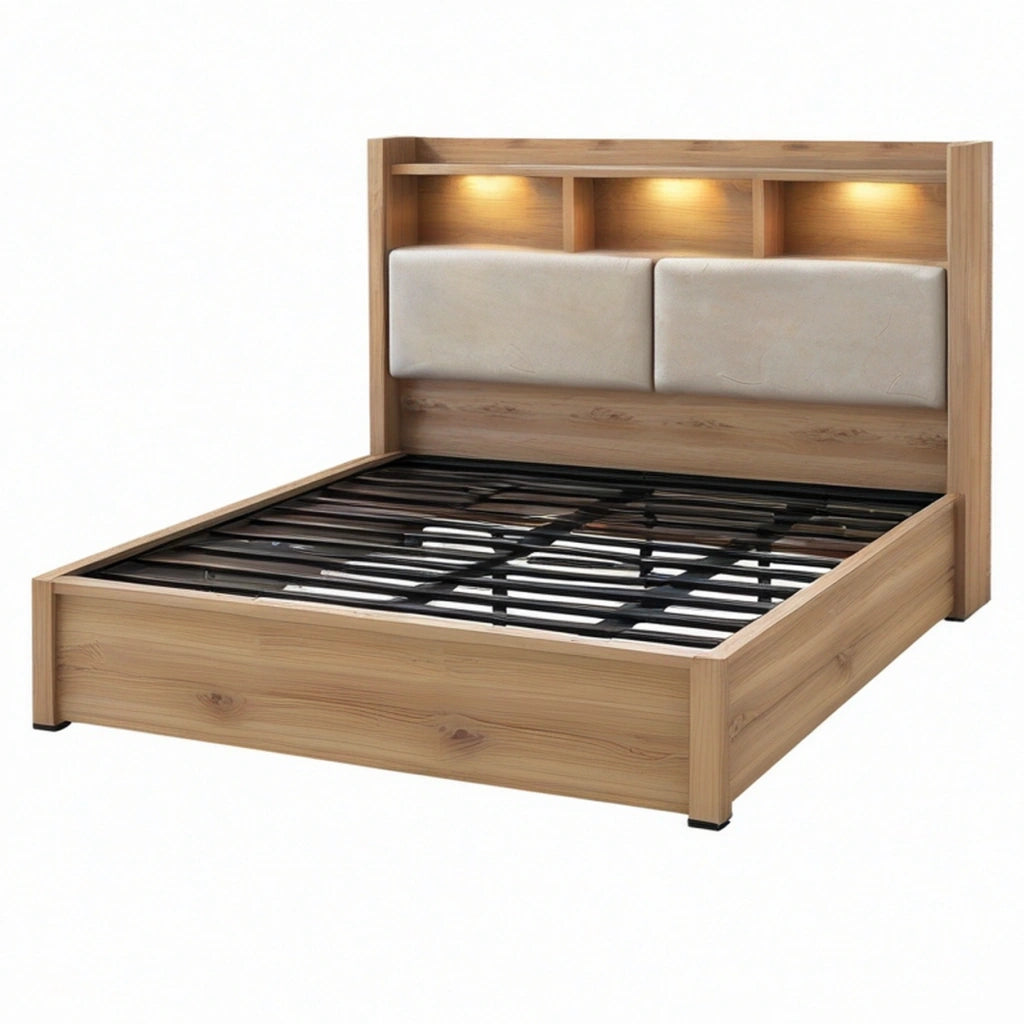 Letto matrimoniale 160 x 200 cm in legno marrone con testiera imbottita e mensole illuminate