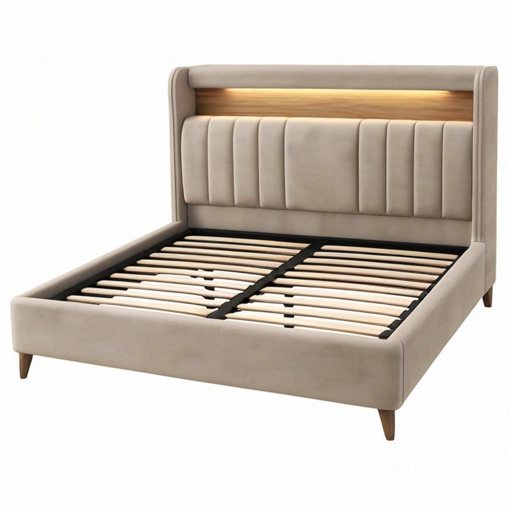 Letto matrimoniale 160 x 200 cm imbottito beige con testiera illuminata stile moderno