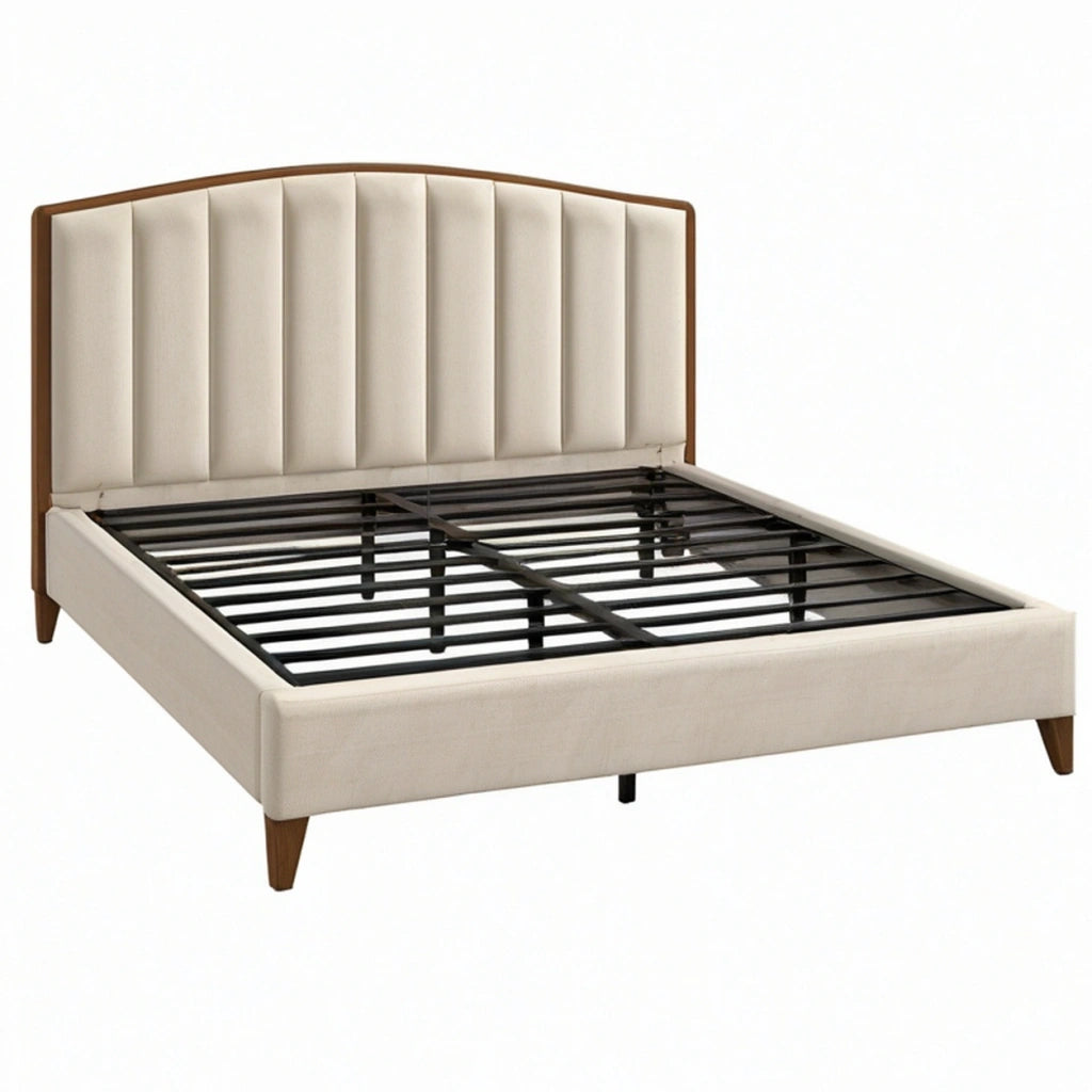 Letto matrimoniale 160 x 200 cm imbottito beige con dettagli in legno e rete a doghe in metallo